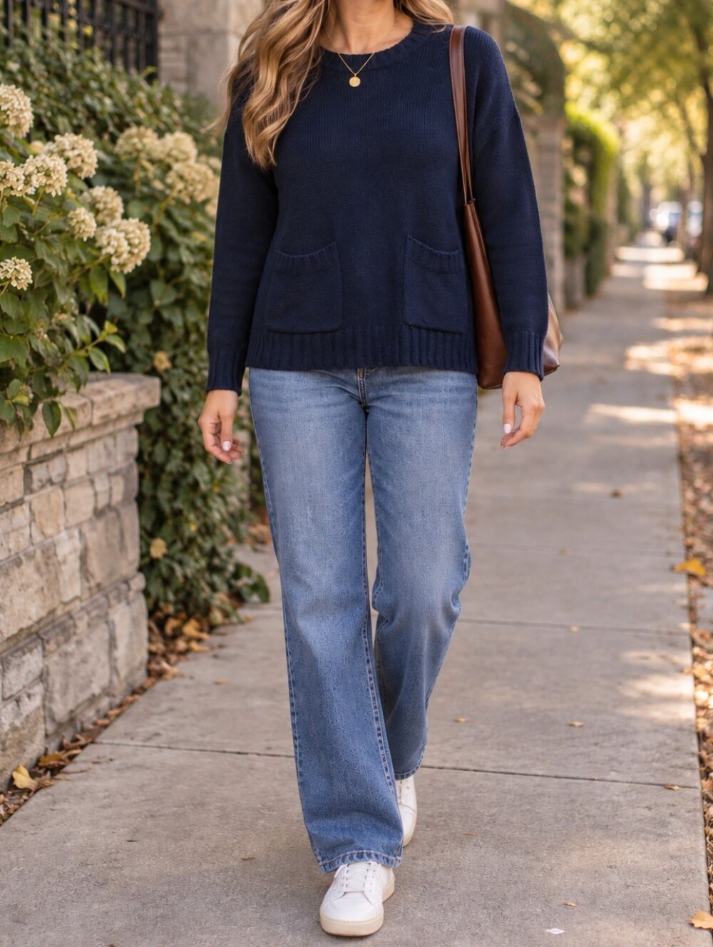 Joie Navy Wool Cashmere Blend Crewneck Sweater Front Pockets Quiet Luxury Casual